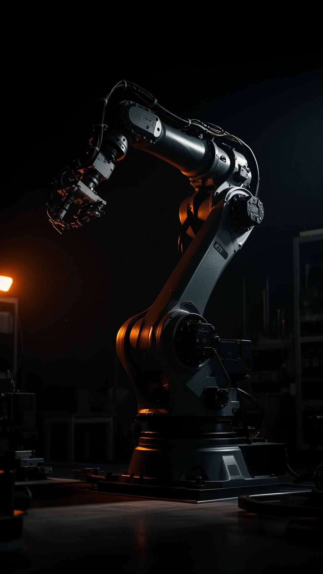 Industrial robotic arm in dramatic lighting
